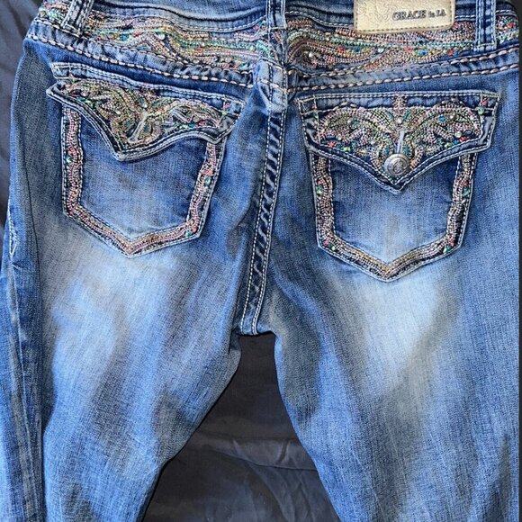 Grace Women's Vintage Embroidered Pockets Vintage Bootcut Jeans Size 30 - Picture 6 of 15